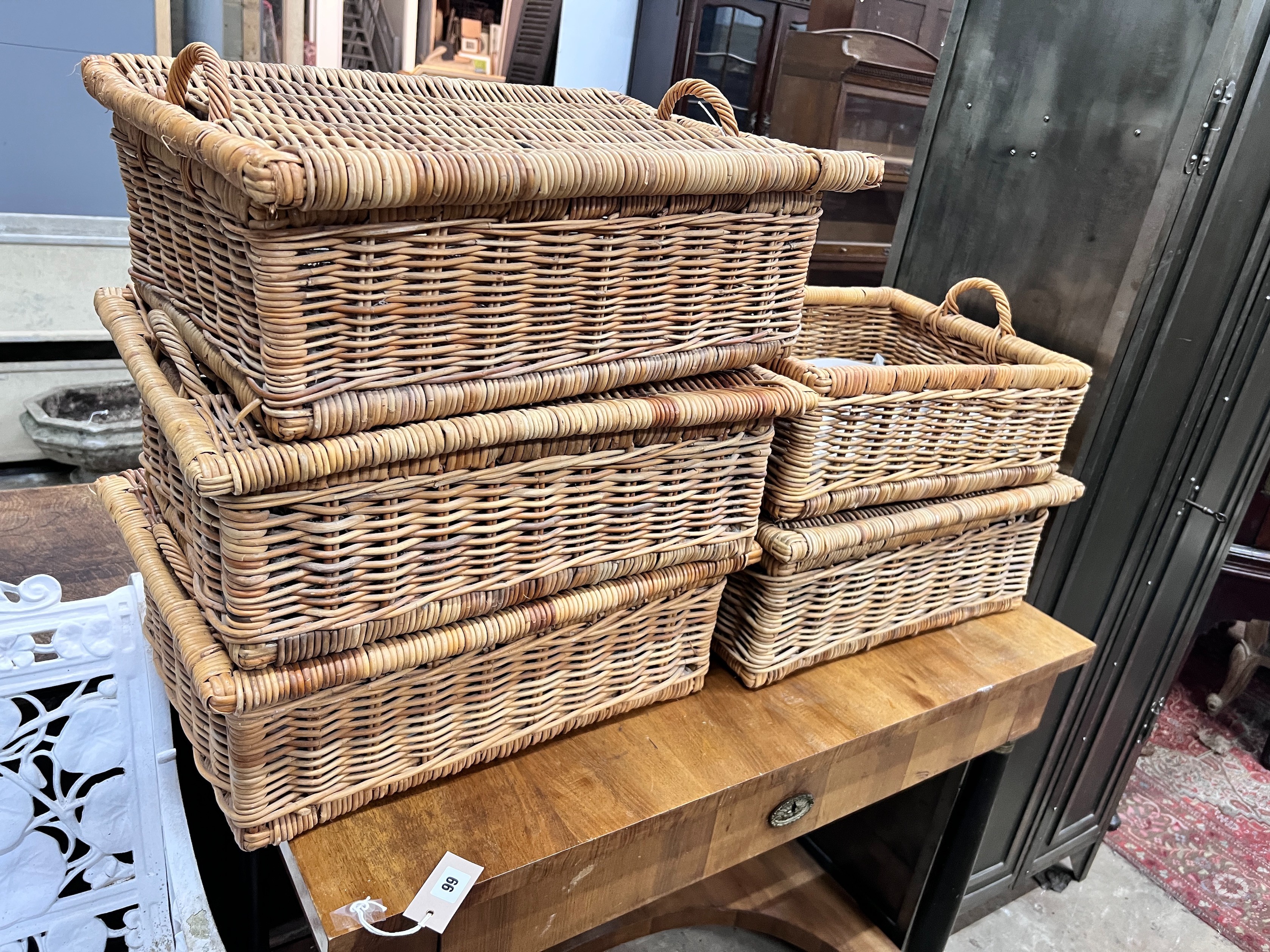 Five assorted wicker baskets, largest width 56cm *Please note the sale commences at 9am.